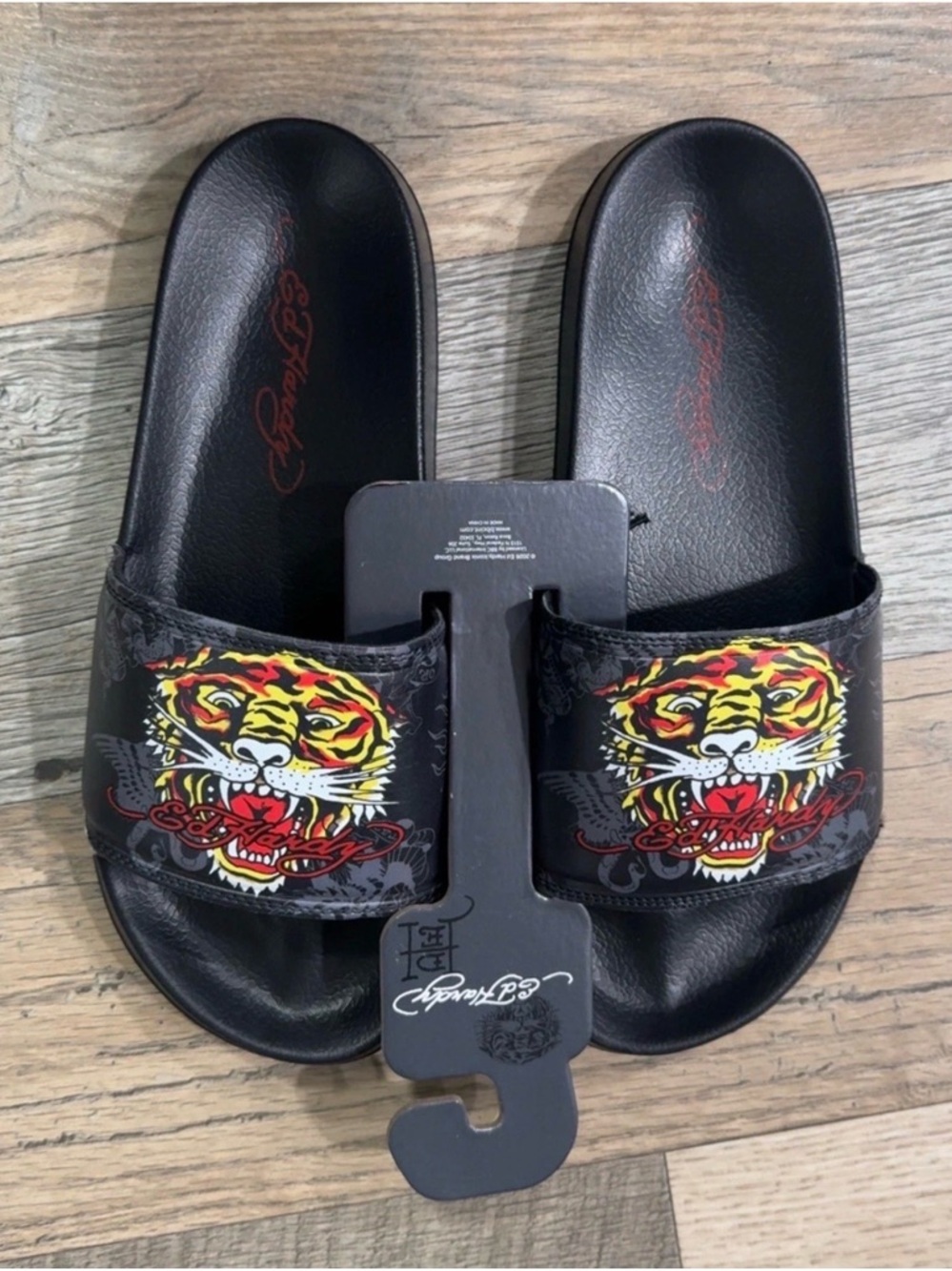 Ed Hardy Black Slides with Yellow & Red Tiger Graphic